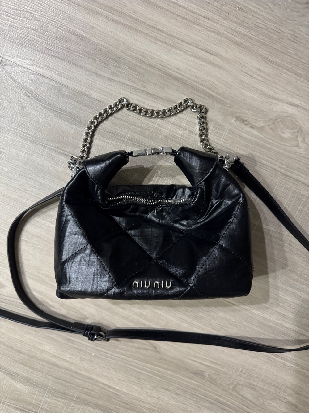 Black Quilted Leather Shoulder Bag with Silver Chain